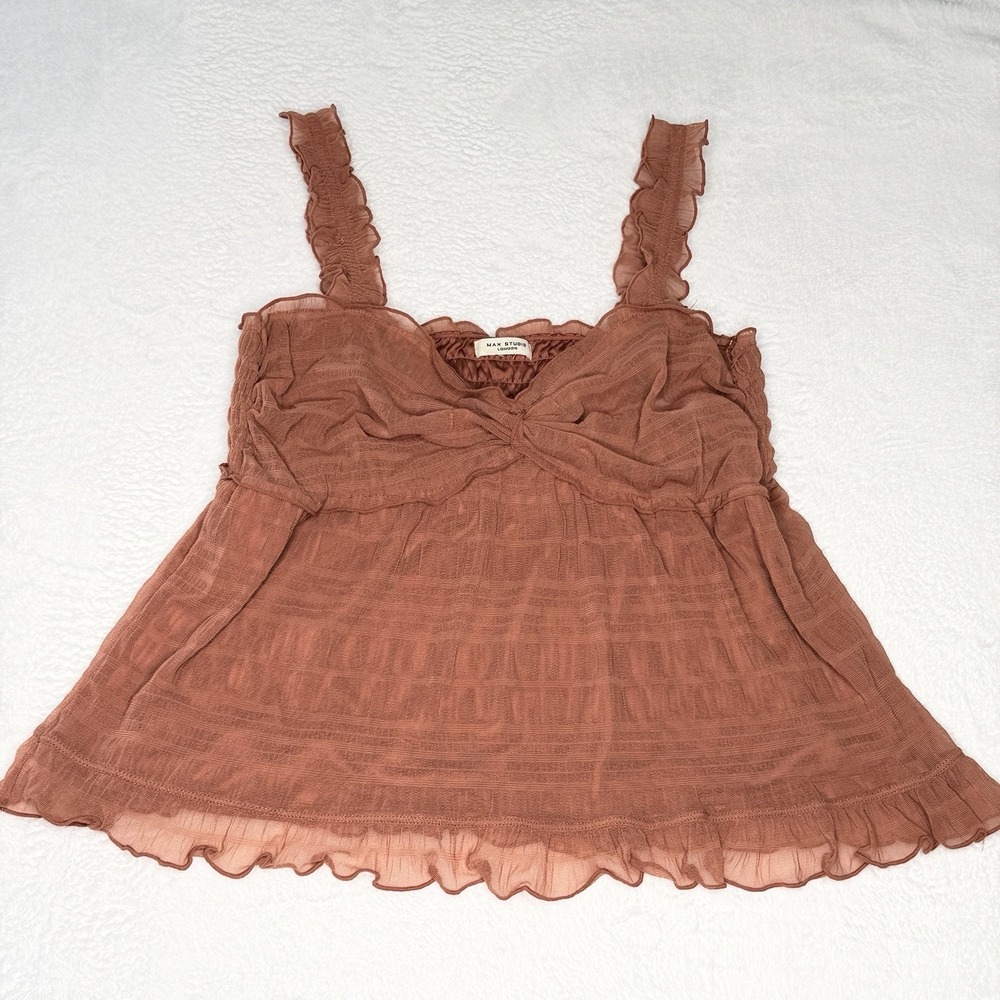 Max Studio London Rust Mesh Ruffle Babydoll Cami Top S Ruched Boho Y2K READ SIZE